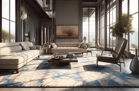 Living room filled with furniture and a large window in the minimalist computer design trend. AI generation, generation, AI, generated, AI generated, AI generative, generativeの素材