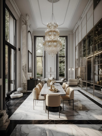 dining room living room with dining table filled with furniture and chandelier with luxurious kitchen design. AI generation, generation, AI, generated, AI generated, AI generative, generative.の素材