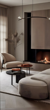 A living room filled with furniture and a fireplace inspired by modern ideas in interior design. AI generation, generation, AI, generated, AI generated, AI generative, generative.の素材