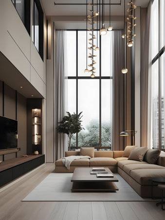 Modern interior living room filled with furniture and a large window in the trend of computer graphics and minimalism in a dark beige atmosphere. AI generation, generation, AI, generated, AI generated, AI generative, generativeの素材