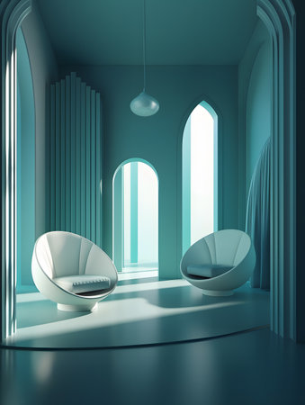 room with two white chairs in blue color and 3d light and white wide arches. AI generation, generation, AI, generated, AI generated, AI generative, generativeの素材