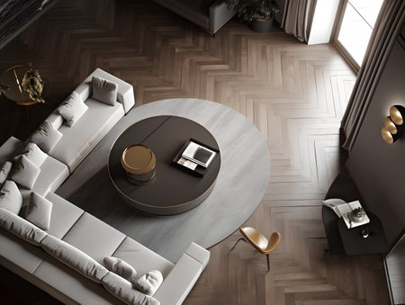 White sofa sitting on a wooden floor in a gray color scheme top view of a modern interior. AI generation, generation, AI, generated, AI generated, AI generative, generative.の素材