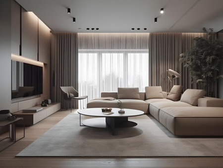 living room in beige color scheme filled with trendy furniture and a large window. AI generation, generation, AI, generated, AI generated, AI generative, generative.の素材