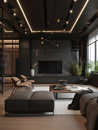 A living room filled with furniture and a flat-screen TV in a trendy modern interior style in dark colors. AI generation, generation, AI, generated, AI generated, AI generative, generative.の素材