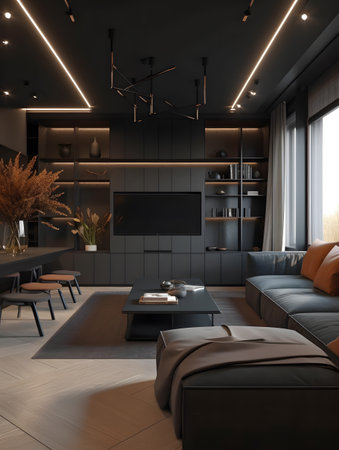 A living room filled with furniture and a flat-screen TV in a trendy modern interior style in dark colors. AI generation, generation, AI, generated, AI generated, AI generative, generative.の素材