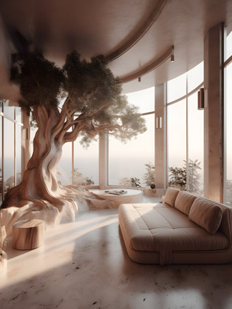 Contemporary living room filled with furniture and wood inspired by modern trends in interior design. AI generation, generation, AI, generated, AI generated, AI generative, generativeの素材