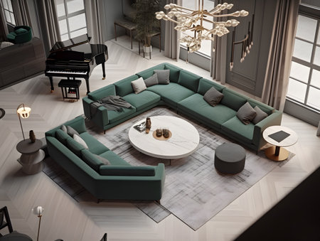 living room filled with furniture and piano in green color scheme top view from an angle. AI generation, generation, AI, generated, AI generated, AI generative, generative.の素材