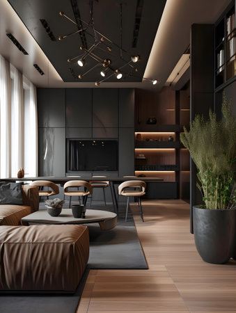 A living room filled with furniture and a flat-screen TV in a trendy modern interior style in dark colors. AI generation, generation, AI, generated, AI generated, AI generative, generative.の素材