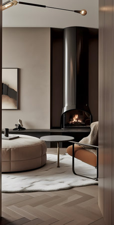 A living room filled with furniture and a fireplace inspired by modern ideas in interior design. AI generation, generation, AI, generated, AI generated, AI generative, generative.の素材