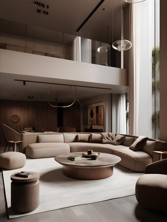 A living room filled with lots of furniture inspired by contemporary interior design with soft earthy tones and sleek rounded shapes. AI generation, generation, AI, generated, AI generated, AI generative, generative.の素材
