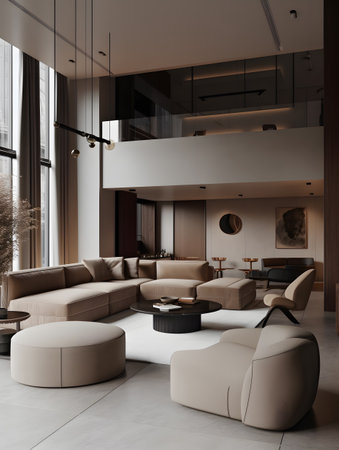 A living room filled with lots of furniture inspired by contemporary interior design with soft earthy tones and sleek rounded shapes. AI generation, generation, AI, generated, AI generated, AI generative, generative.の素材