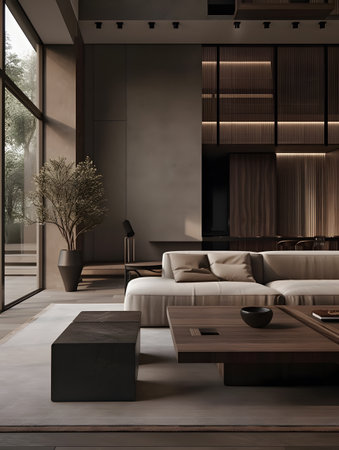 living room with sofa and coffee table in contemporary style in brown color palette inspired. AI generation, generation, AI, generated, AI generated, AI generative, generative.の素材