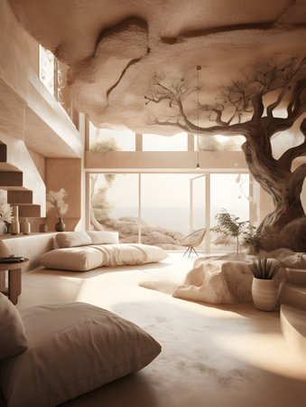 Contemporary living room filled with furniture and wood inspired by modern trends in interior design. AI generation, generation, AI, generated, AI generated, AI generative, generativeの素材