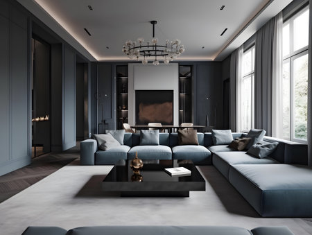 Modern living room filled with furniture and a large window, the trend of modern minimalism gray and dark theme. AI generation, generation, AI, generated, AI generated, AI generative, generativeの素材