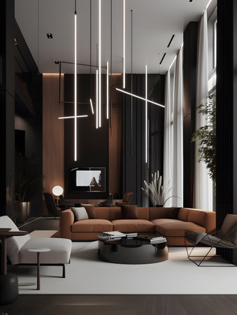 Living room with furniture and high ceiling inspired by modern interior design trend. AI generation, generation, AI, generated, AI generated, AI generative, generative.の素材