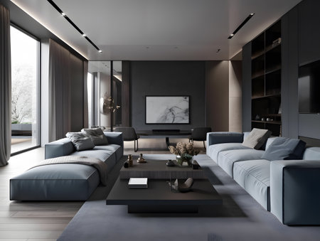 Modern living room filled with furniture and a large window, the trend of modern minimalism gray and dark theme. AI generation, generation, AI, generated, AI generated, AI generative, generativeの素材