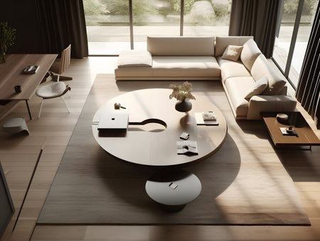 living room filled with furniture and a large window and a large round wooden coffee table with a top view. AI generation, generation, AI, generated, AI generated, AI generative, generative.の素材