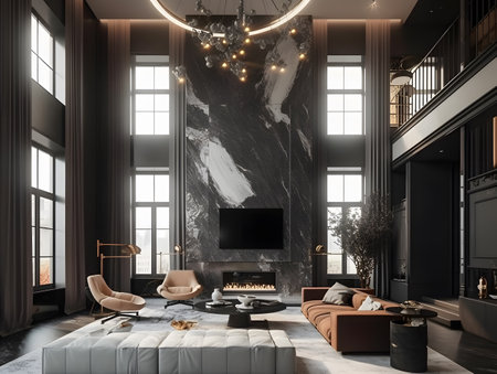 Living room filled with furniture and a large window in the minimalist computer design trend. AI generation, generation, AI, generated, AI generated, AI generative, generativeの素材