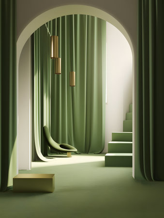 A green room with a staircase and a green curtain in a modern trend. AI generation, generation, AI, generated, AI generated, AI generative, generativeの素材