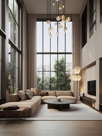 Modern interior living room filled with furniture and a large window in the trend of computer graphics and minimalism in a dark beige atmosphere. AI generation, generation, AI, generated, AI generated, AI generative, generativeの素材
