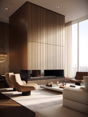 Living room interior filled with furniture and fireplace, inspired by the modern design trend. AI generation, generation, AI, generated, AI generated, AI generative, generative.の素材