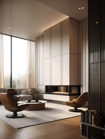 Living room interior filled with furniture and fireplace, inspired by the modern design trend. AI generation, generation, AI, generated, AI generated, AI generative, generative.の素材