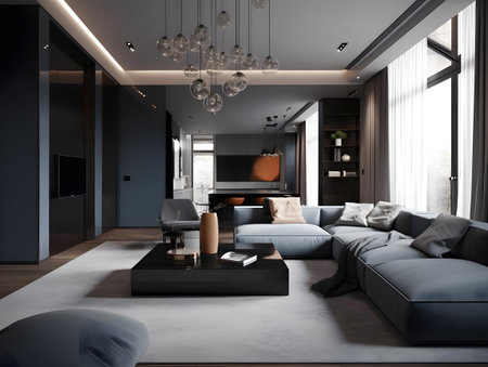 Modern living room filled with furniture and a large window, the trend of modern minimalism gray and dark theme. AI generation, generation, AI, generated, AI generated, AI generative, generativeの素材