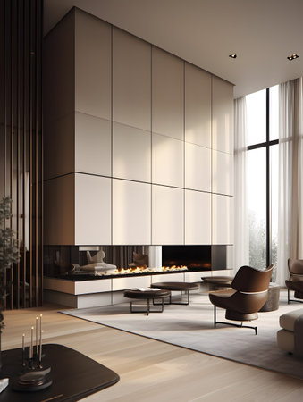 Living room interior filled with furniture and fireplace, inspired by the modern design trend. AI generation, generation, AI, generated, AI generated, AI generative, generative.の素材
