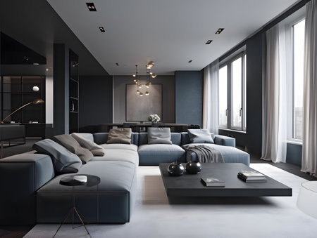 Modern living room filled with furniture and a large window, the trend of modern minimalism gray and dark theme. AI generation, generation, AI, generated, AI generated, AI generative, generativeの素材
