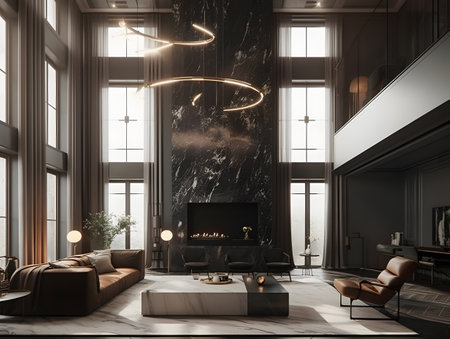 Living room filled with furniture and a large window in the minimalist computer design trend. AI generation, generation, AI, generated, AI generated, AI generative, generativeの素材