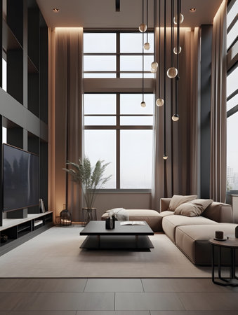 Modern interior living room filled with furniture and a large window in the trend of computer graphics and minimalism in a dark beige atmosphere. AI generation, generation, AI, generated, AI generated, AI generative, generativeの素材