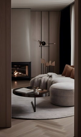 A living room filled with furniture and a fireplace inspired by modern ideas in interior design. AI generation, generation, AI, generated, AI generated, AI generative, generative.の素材