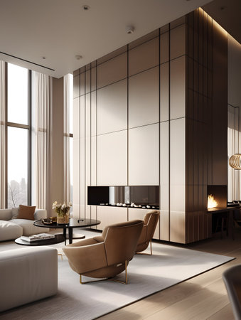 Living room interior filled with furniture and fireplace, inspired by the modern design trend. AI generation, generation, AI, generated, AI generated, AI generative, generative.の素材