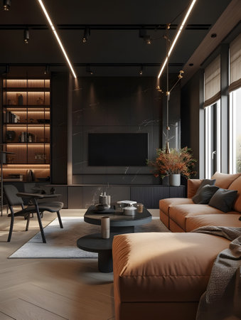 A living room filled with furniture and a flat-screen TV in a trendy modern interior style in dark colors. AI generation, generation, AI, generated, AI generated, AI generative, generative.の素材