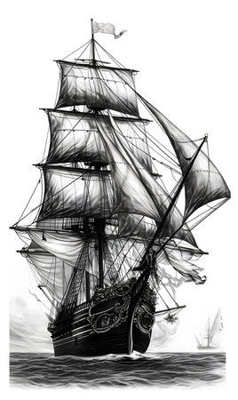 Fantasy ship sailing on top of the ocean with sails bottom view. AI generation, generation, AI, generated, AI generated, AI generative, generative.の素材