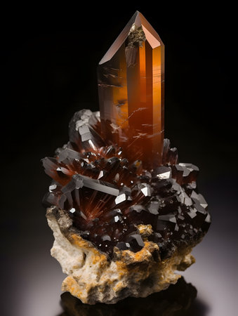 Spessartine garnet on smoky quartz. AI generation, generation, AI, generated, AI generated, AI generative, generative.の素材