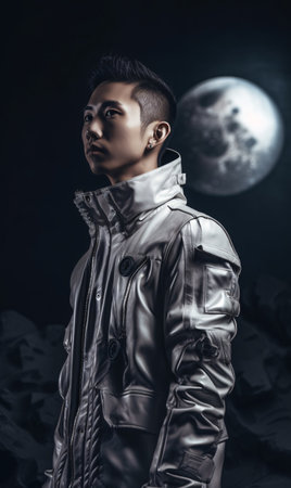 Fashion photo shoot of a handsome Asian man from year 2300. AI generation, generation, AI, generated, AI generated, AI generative, generative.の素材