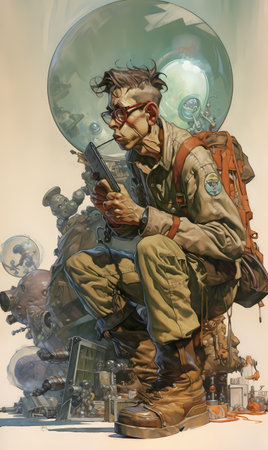 Art drawing of a man sitting on a chair and holding a clipboard. AI generation, generation, AI, generated, AI generated, AI generative, generative.の素材