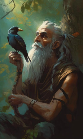 A picture of a good magician wizard man with a bird on his shoulder sitting by a tree in the forest. AI generation, generation, AI, generated, AI generated, AI generative, generative.の素材