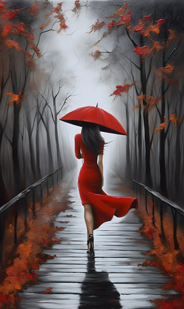 Painting depicting a woman in a red dress with an umbrella walking through the park in the rain. AI generation, generation, AI, generated, AI generated, AI generative, generative.の素材