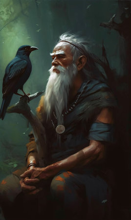 A picture of a good magician wizard man with a bird on his shoulder sitting by a tree in the forest. AI generation, generation, AI, generated, AI generated, AI generative, generative.の素材