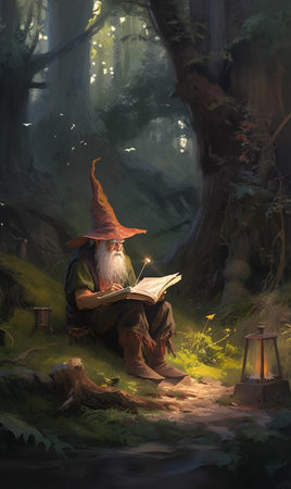 A painting depicting an old wizard in a cap sitting in the forest and reading incantations from a book. AI generation, generation, AI, generated, AI generated, AI generative, generative.の素材