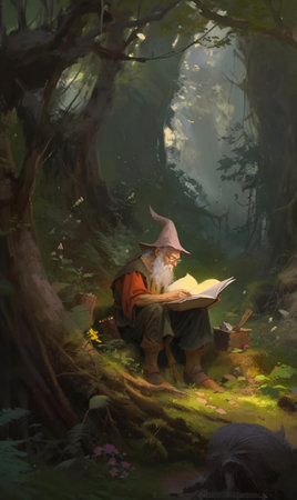 A painting depicting an old wizard in a cap sitting in the forest and reading incantations from a book. AI generation, generation, AI, generated, AI generated, AI generative, generative.の素材