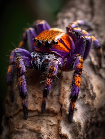 Colorful tarantula spider sitting on the branches of a tree macro photo. AI generation, generation, AI, generated, generated AI, generative AI, generative.の素材