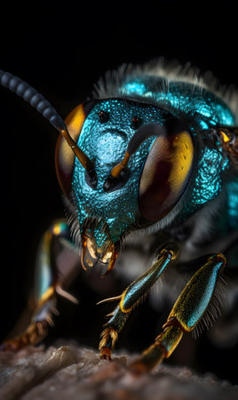 A bee on a flower is shown close up with its eyes and antennae clearly visible. AI generation, generation, AI, generated, generated AI, generative AI, generative.の素材