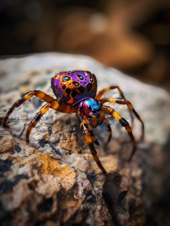 Colorful tarantula spider sitting on the branches of a tree macro photo. AI generation, generation, AI, generated, generated AI, generative AI, generative.の素材