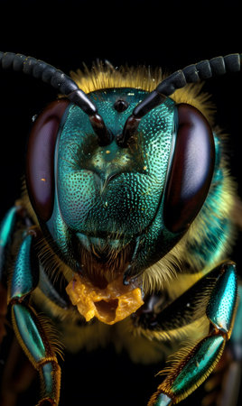 A bee on a flower is shown close up with its eyes and antennae clearly visible. AI generation, generation, AI, generated, generated AI, generative AI, generative.の素材