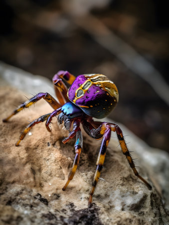 Colorful tarantula spider sitting on the branches of a tree macro photo. AI generation, generation, AI, generated, generated AI, generative AI, generative.の素材