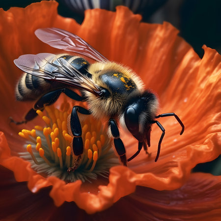 Close-up of a bee on a flower collecting pollen and honey. AI generation, generation, AI, generated, generated AI, generative AI, generative.の素材