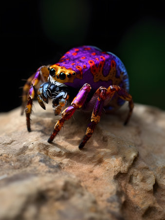 Colorful tarantula spider sitting on the branches of a tree macro photo. AI generation, generation, AI, generated, generated AI, generative AI, generative.の素材